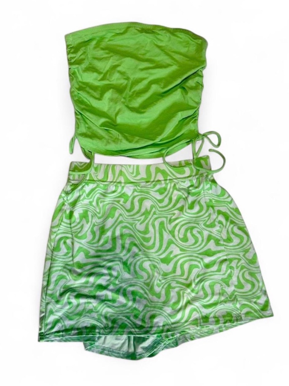 Green Ruched Top and Patterned Skort Set